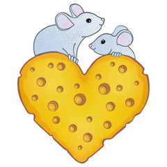 Date of two cute mice on a heart made of cheese.