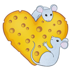 On a big cheese heart, two cute mice are looking at each other.