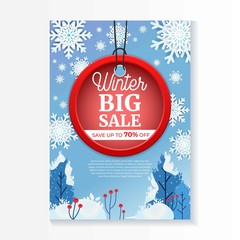 Winter sale posters. Red 3D sale tag hanging on white paper snowflakes-style winter snowflakes background. Design for advertising, brochures, leaflets and flyers