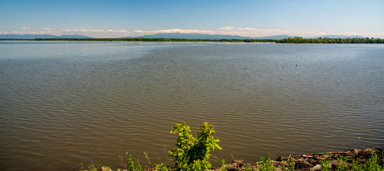 Jezioro Goczalkowickie water reservoir with hills of Beskids mountains on the background in Poland © honza28683