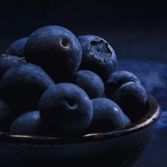 Small bowl of freshly picked blueberries in dark stone bowl on blue background