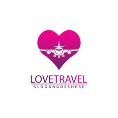 Love travel, Heart and Airplane logo vector design icon template.