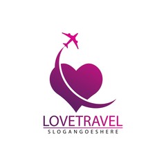 Love travel, Heart and Airplane logo vector design icon template.