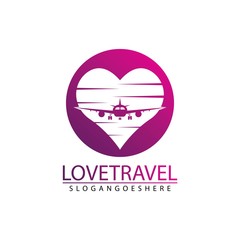 Love travel, Heart and Airplane logo vector design icon template.