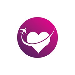 Love travel, Heart and Airplane logo vector design icon template.