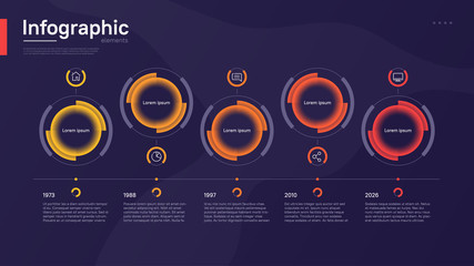 Stylish colorful vector timeline infographic template with circular graphic elements on a deep blue background