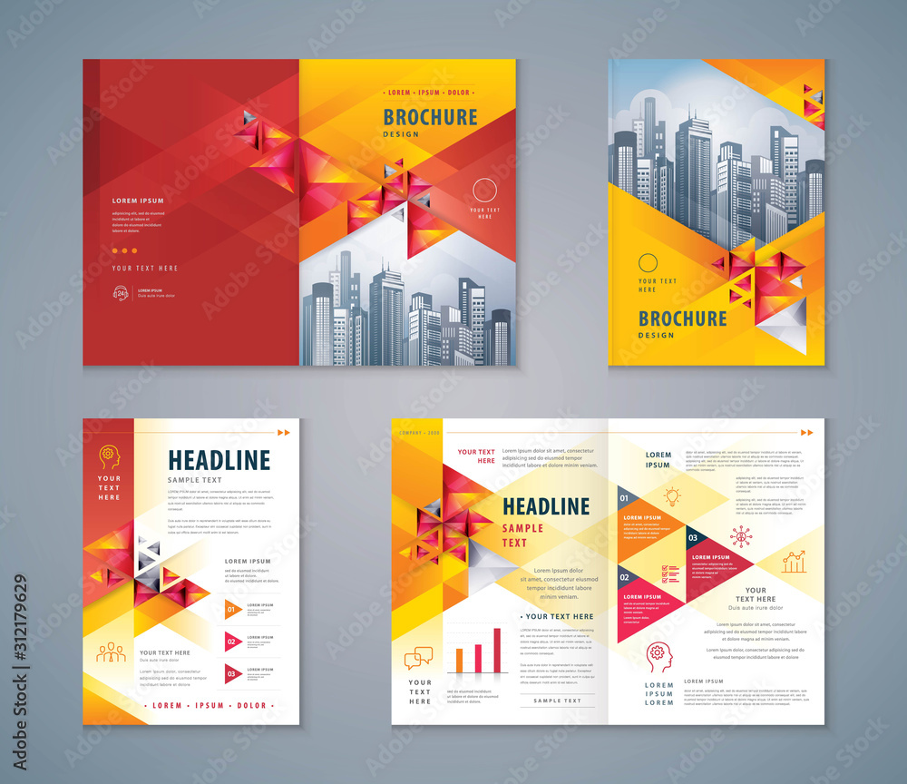 Poster cover book design set, abstract red geometric triangle background vector