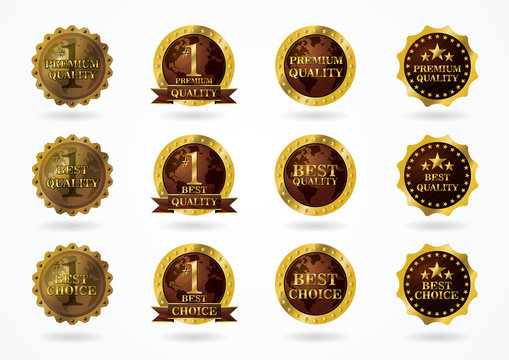 Set of premium, best quality & best choice badges with wood & gold style & world map silhouette to represent the best globally.
