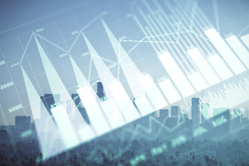 Forex chart on cityscape with skyscrapers wallpaper double exposure. Financial research concept.