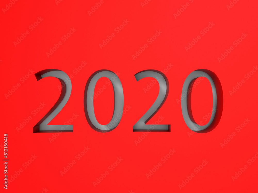 Poster 3d rendering - cutout 2020 year on a red background