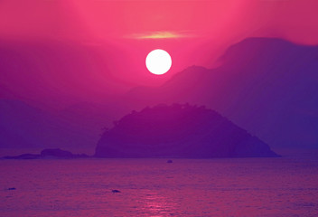 Pop art styled sunrise over the calm sea in purple pink colored