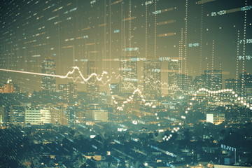 Financial graph on night city scape with tall buildings background multi exposure. Analysis concept.