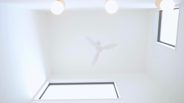 吹き抜けのある家 シーリングファンとスポットライト