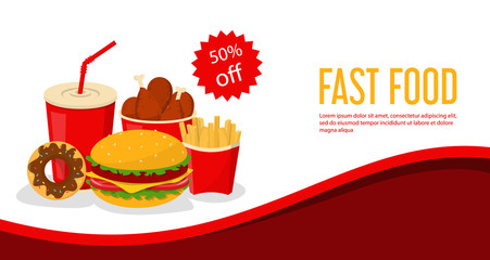 Web banner with tasty fast food vector isolated. Special offer