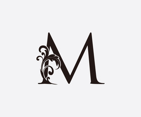 M Letter Classy Floral Logo Icon, Initial M Vintage Swirl Design.