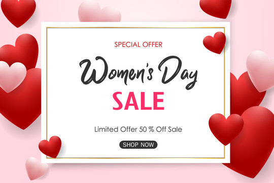 8 march international women's day sale background with red and pink hearts