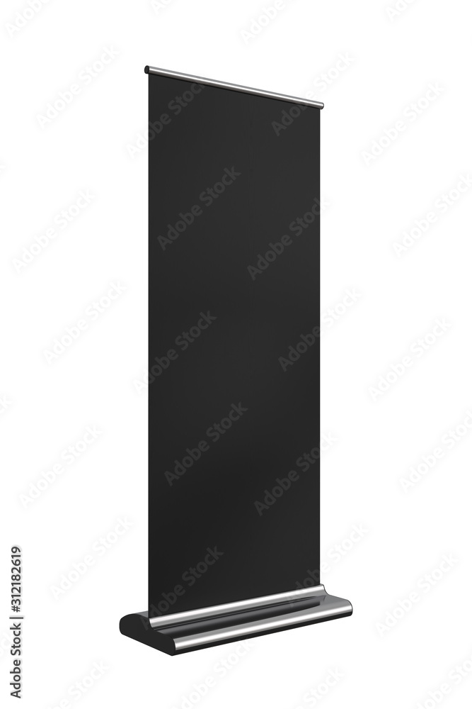 Poster black roll up banner display isolated on white background. 3d render.