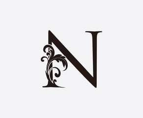 N Letter Classy Floral Logo Icon, Initial N Vintage Swirl Design.