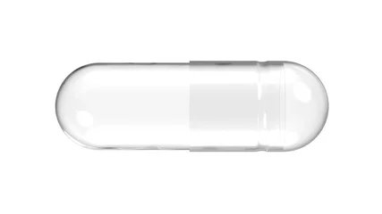 Foto auf Acrylglas Empty Transparent Medicine Capsule Pill Shell. Horizontal 3D Render Isolated on White Background Close-Up. © Виктор Рак