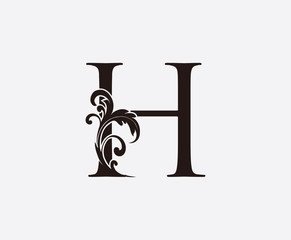 H Letter Classy Floral Logo Icon, Initial H Vintage Swirl Design.