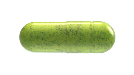 Moringa, Chlorella, Spirulina or Malunggay Capsule Pill Isolated on White Background. 3D Render Close-Up.