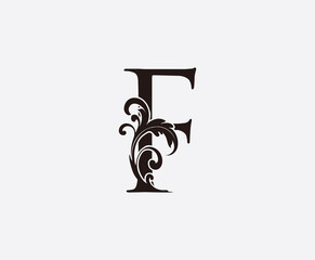 F Letter Classy Floral Logo Icon, Initial F Vintage Swirl Design.