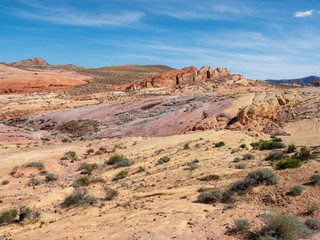 Fototapeta na wymiar Rainbow Canyon VIsta on White Domes Scenic Byway at Valley of FIre State Park, Nevada, near Las Vegas, sunny spring day, USA