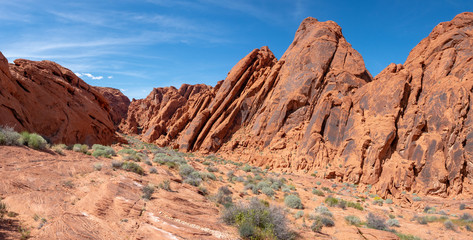 Mouse's Tank on White Domes Scenic Byway at Valley of FIre State Park, Nevada, near Las Vegas, sunny spring day, USA