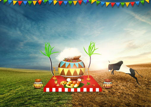 PONGAL GREETING COMPOSED WITH TRADITIONAL MUD POT TEMPLE WALL AND EARTH SHANKARANTHI sankranti