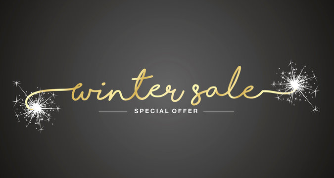 Winter sale special offer handwritten lettering tipography sparkle firework gold white black sticker banner