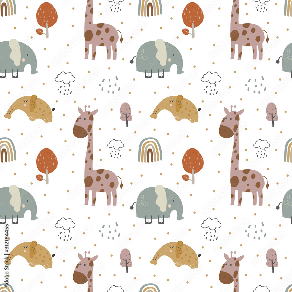 Wall mural giraffe and elephant baby cute seamless pattern