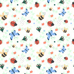 Seamless pattern with colorful butterflies,ladybug, bee and beetle.