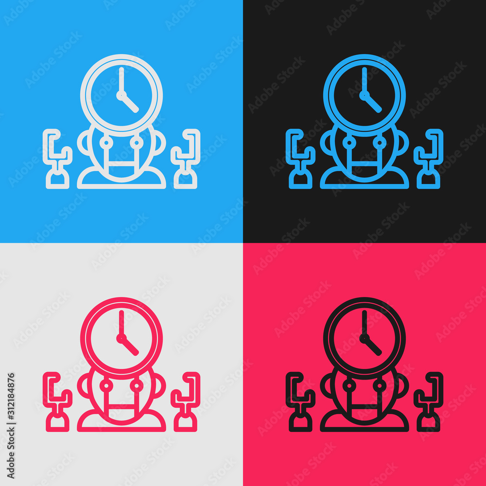 Poster color line robot and digital time manager icon isolated on color background. time management assista