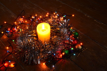 christmas decoration with burning candle