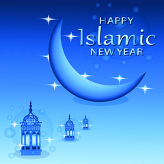 Islamic New Year Celebration in Arabic Free Vector style with a crescent and lanterns