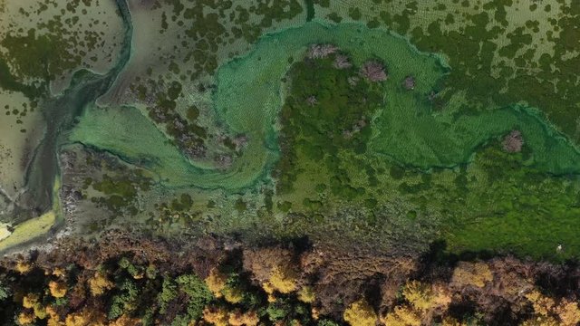 Drone view of pearl lake in Daocheng Yading nature reserve in Sichuan, Yunnan, China
