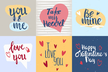 Set of  hand drawn lettering. Romantic cards for Valentine's Day. Stock vector illustration