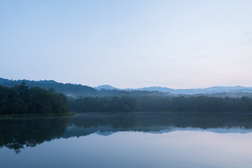 Fototapeta na wymiar Beautiful nature and fog on the reservoir at Jedkod-Pongkonsao Natural Study in Saraburi Thailand 