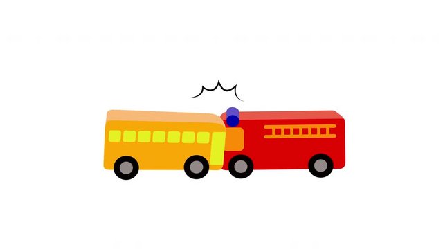 Creative toy blocks, bus crashed fire truck. Road accident concept. Animation on white background.