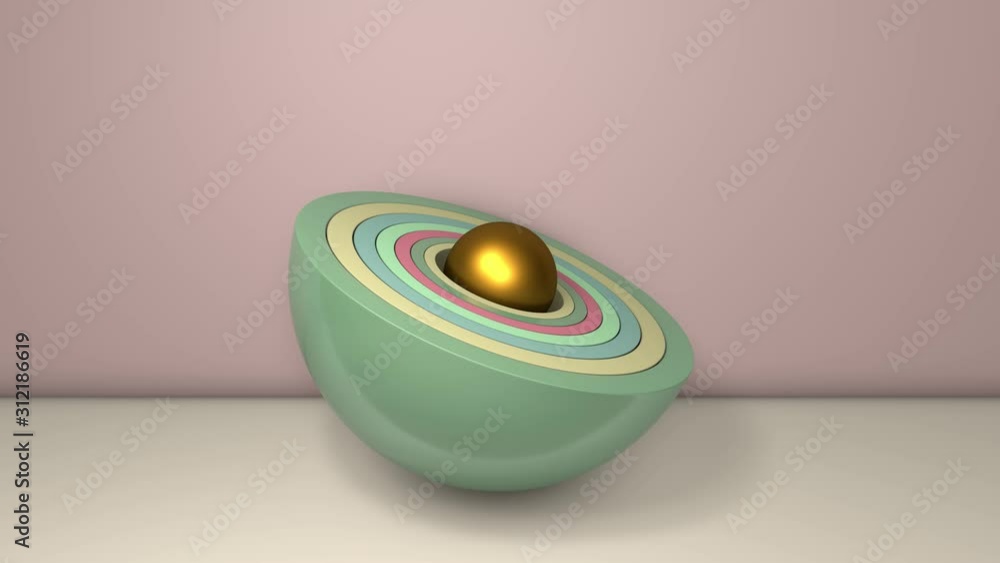 Poster 3d animation of many different hemispheres, one in one, which rotate randomly and hide a golden ball