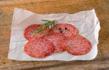 Thinly sliced salami sausage