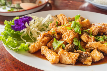 Close-Up Of Fried Fish with Fish Sauce Thai Food