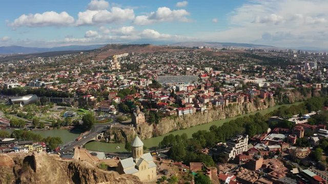 Aerial view of Narikala fortress in Tbilisii city drone footage.