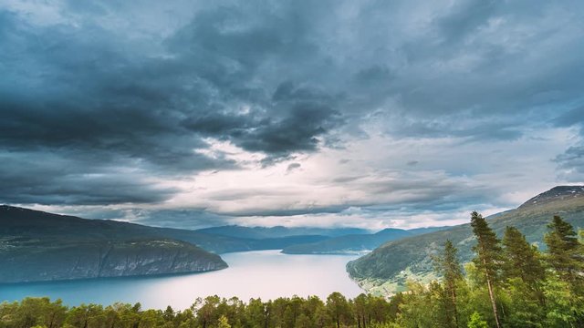 Utvik, Sogn Og Fjordane County, Norway. Norwegian Mountain Lake Landscape. The Innvikfjord Is A Sub-fjord Of Nordfjord In The Municipality Of Stryn In Sogn Og Fjordane. Time-lapse 4k