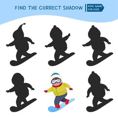 Educational  game for children. Find the right shadow. Kids activity with cute winter child.