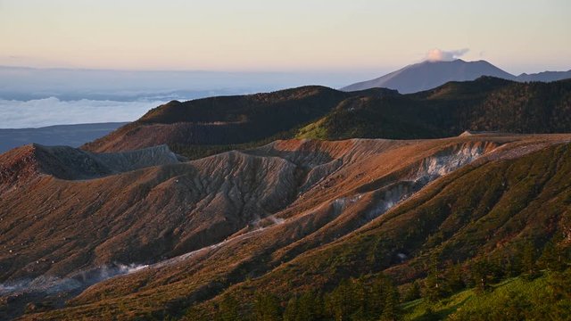 Aerial view of Mount Shirane is 2,160meter active stratovolcano in Kusatsu, Gunma, Japan