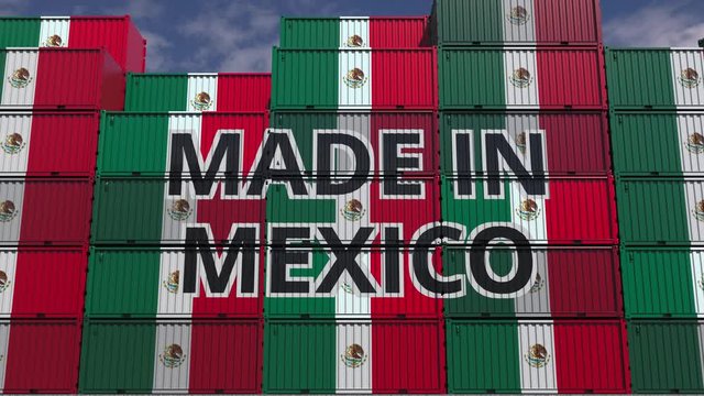 Many containers with MADE IN MEXICO text and national flags. Mexican import or export related 3D animation