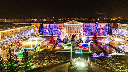 Festive new year decoration of the Central Lenin square in the city of Kurgan