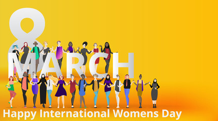 Portrait of modern society female, 8 march international women's day, various variations of lady's, together, sisterhood of different cultures