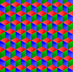 Colorful 3d square box or cube vector background. Hexagon, rhombus and triangle repeat pattern background.